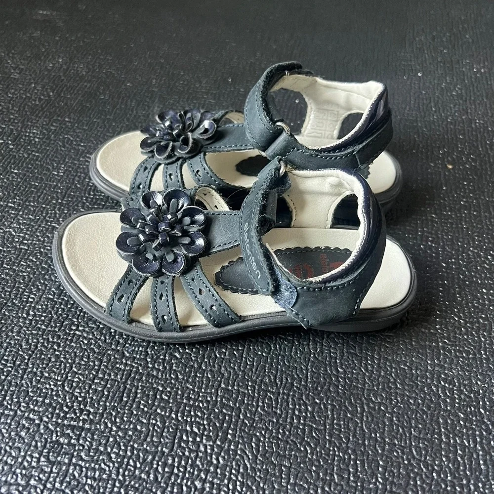 Elefanten Kids Leather Flower Strappy Sandals EU 27 Hook Loop Strap Breathable